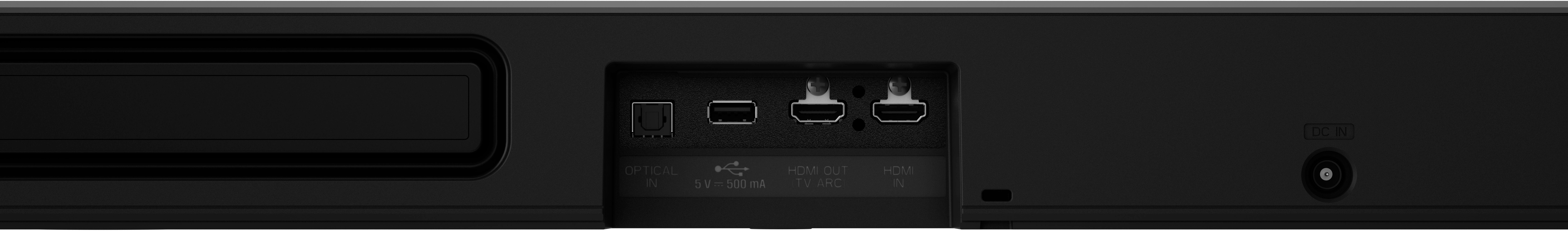 Rückseite einer schwarzen Soundbar mit mehreren Anschlüssen wie optisch, HDMI und DC-Eingang.