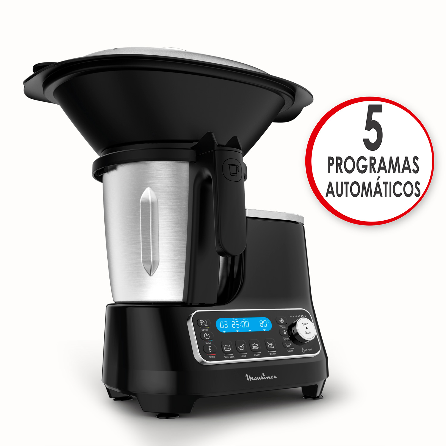 Una multicocina Moulinex negra con panel de control y el texto '5 programas automáticos'.