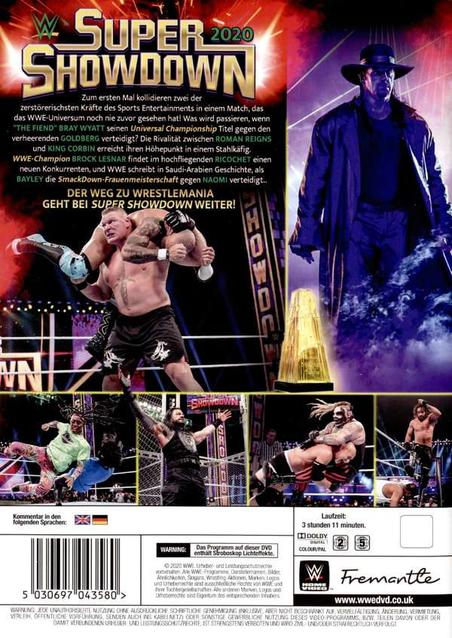 DVD-Cover. WWE Super Showdown 2020 mit Wrestlern auf dem Cover.