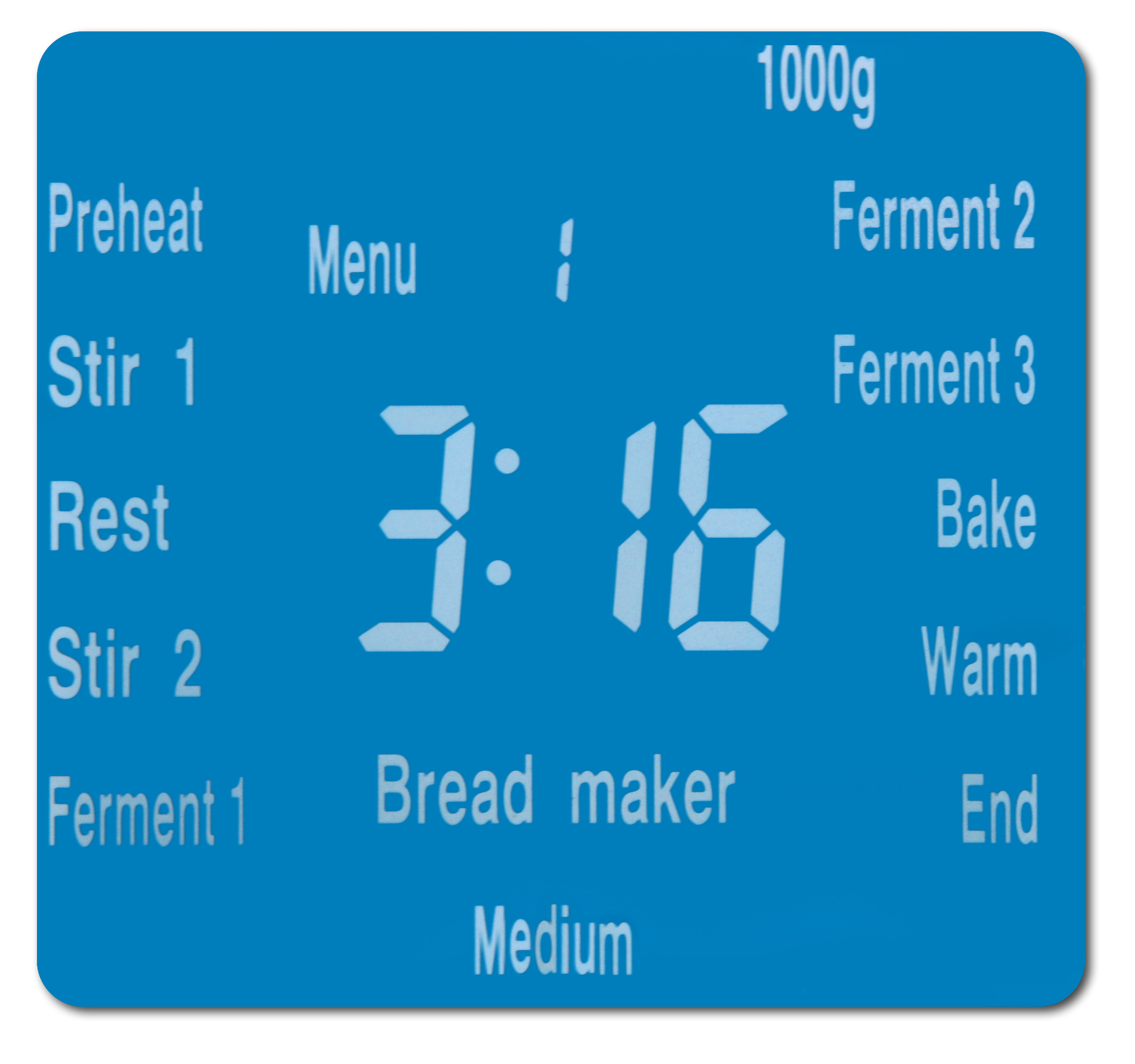 Display macchina del pane: 3:16. Opzioni: Preriscaldare, Mescolare, Riposo, Lievitazione, Cottura, Mantenere caldo.