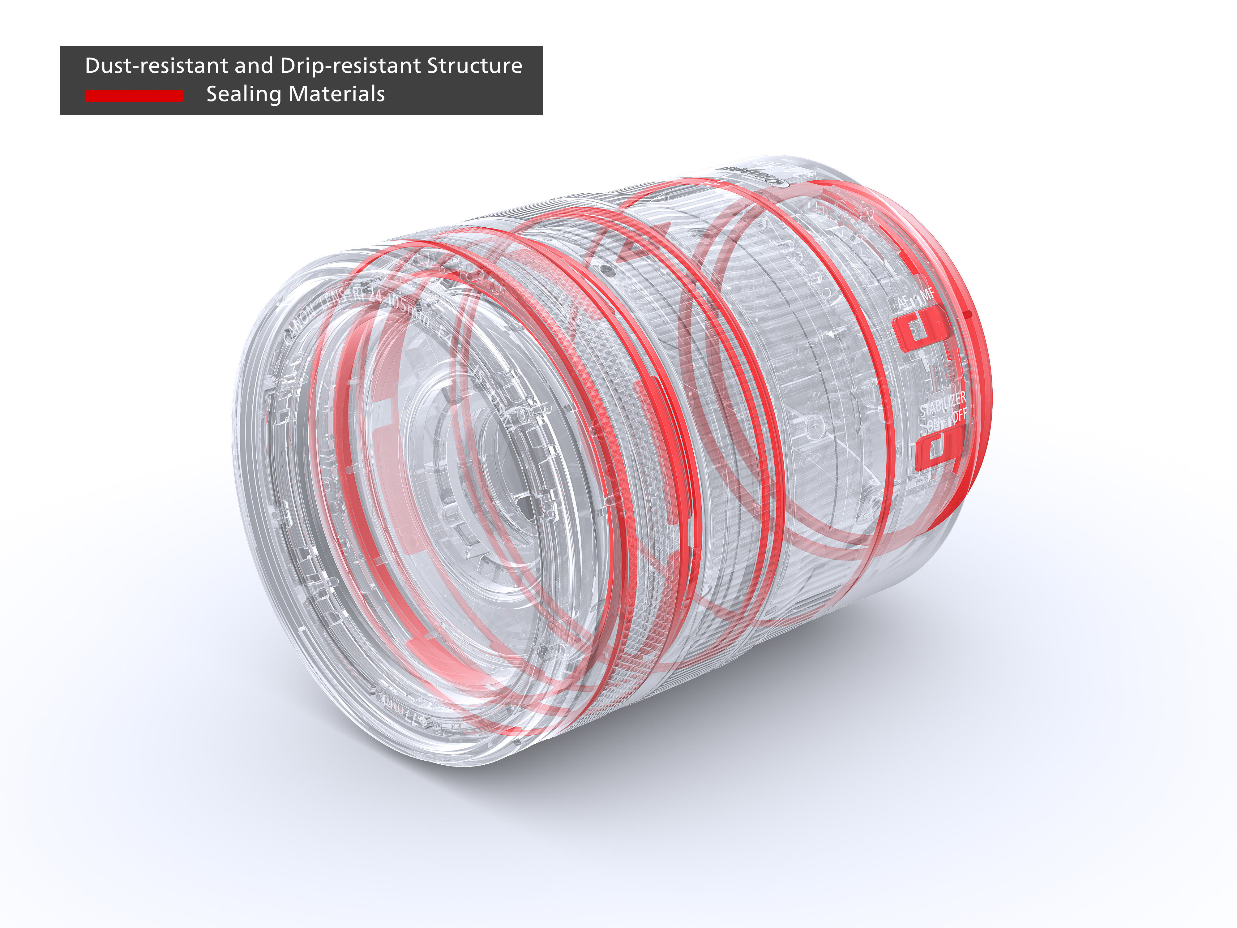 Transparenter Kunststoffzylinder mit roten Innenringen. Ausschnitt. Weißer Hintergrund. Abstraktes Design.