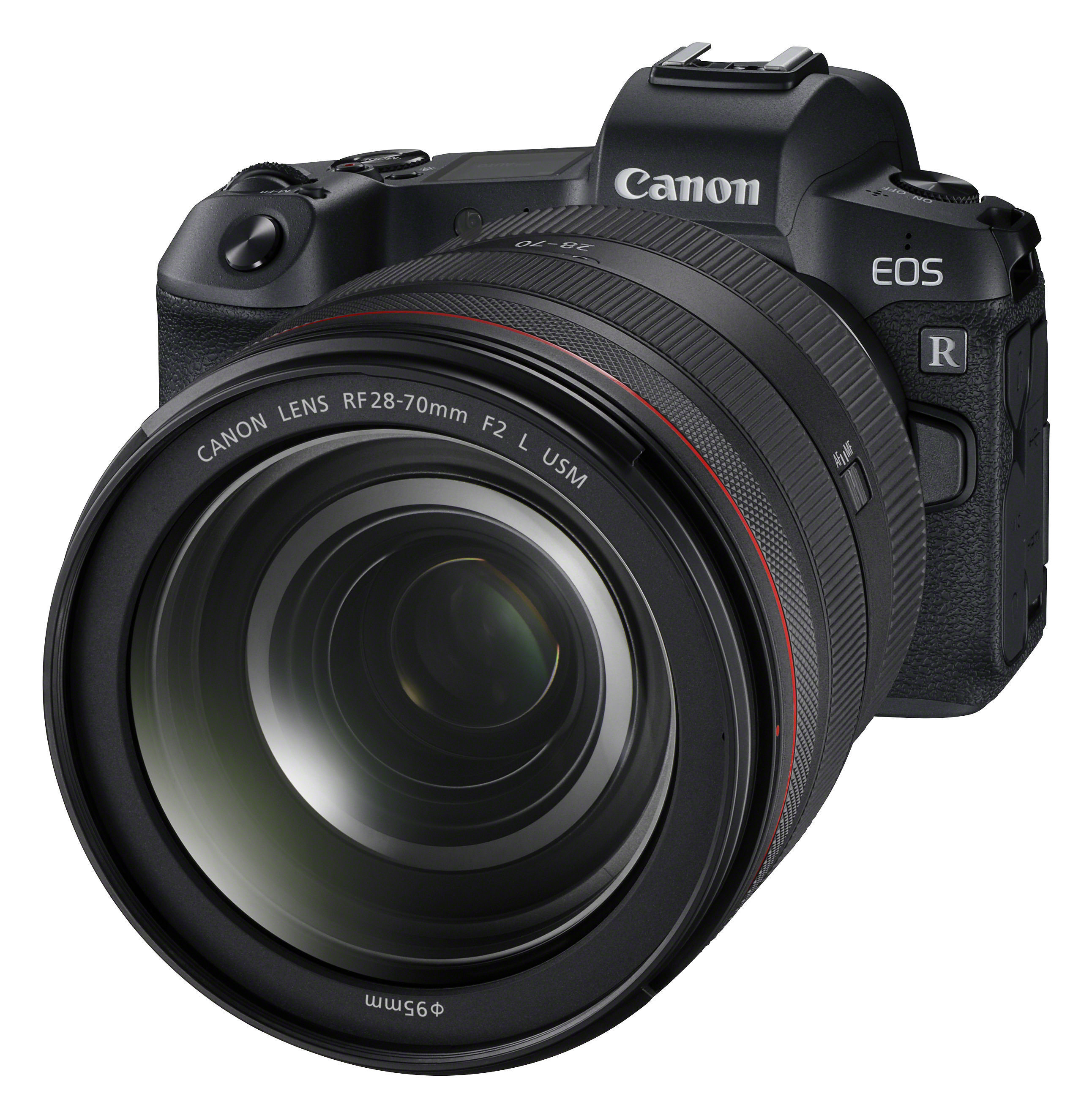 Canon EOS R Kamera mit großem Objektiv auf weißem Hintergrund.