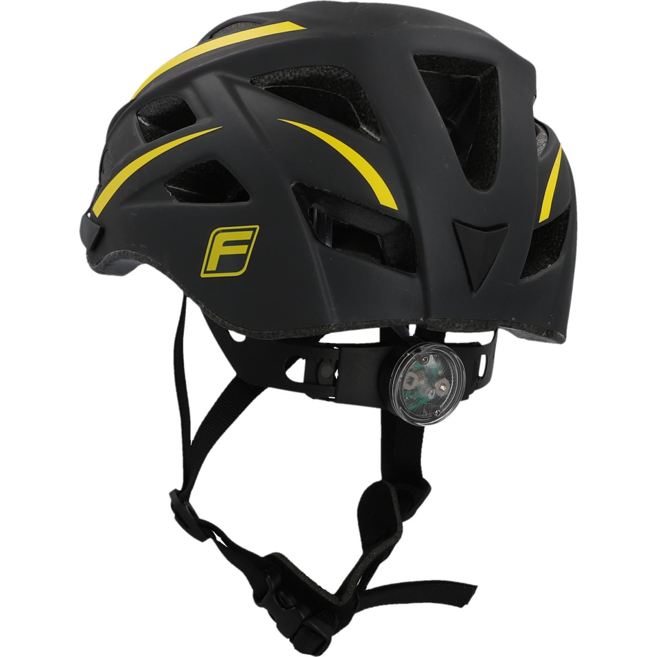 Schwarzer Fahrradhelm mit gelben Streifen und Rücklicht. Logo 'F' seitlich.