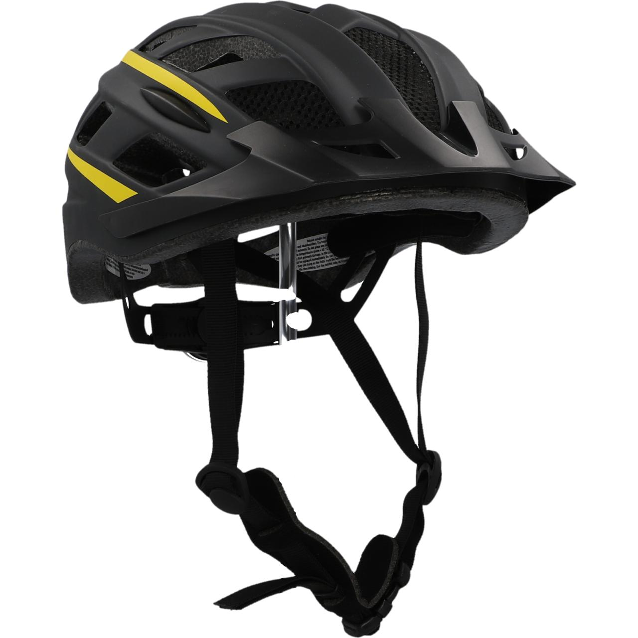 Schwarzer Fahrradhelm mit gelben Streifen. Gurte und Schnallen sichtbar.