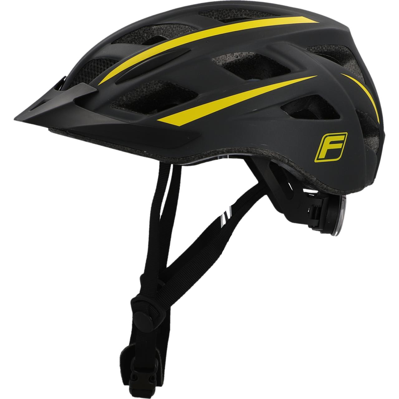 Ein schwarzer Fahrradhelm mit gelben Streifen, einem Visier und einem Logo.
