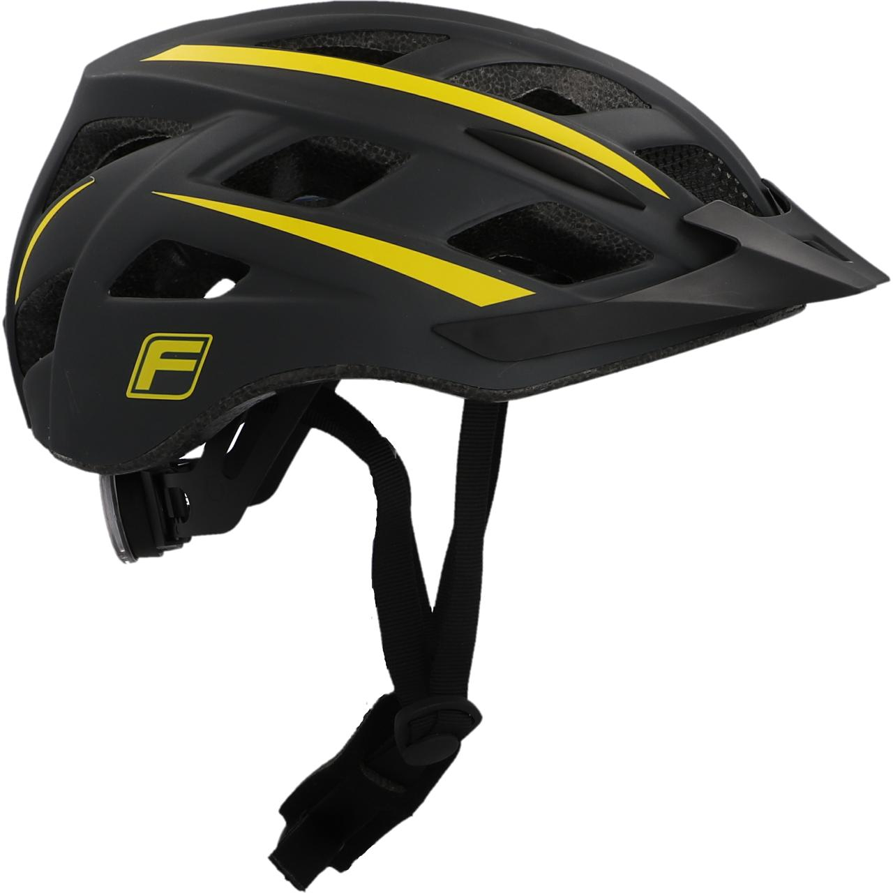 Schwarzer Fahrradhelm mit gelben Streifen und Visier.