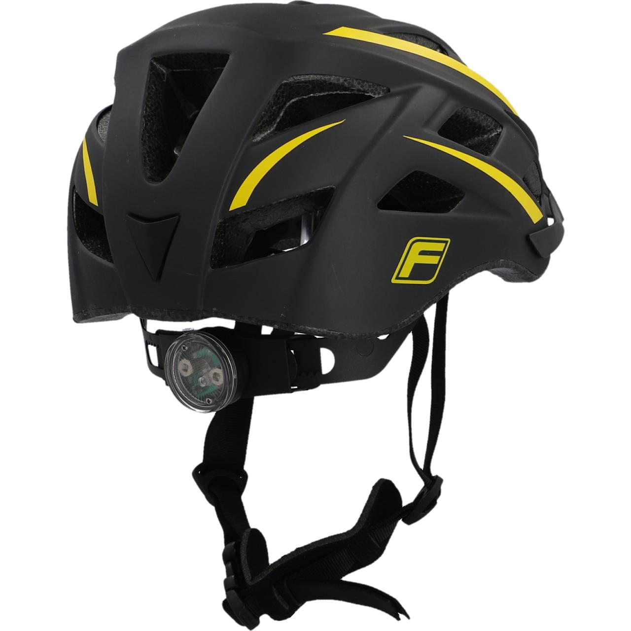 Schwarzer Fahrradhelm mit gelben Streifen und Rücklicht.