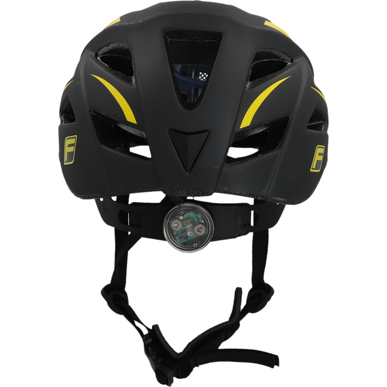 Schwarzer Fahrradhelm mit gelben Akzenten und Licht.