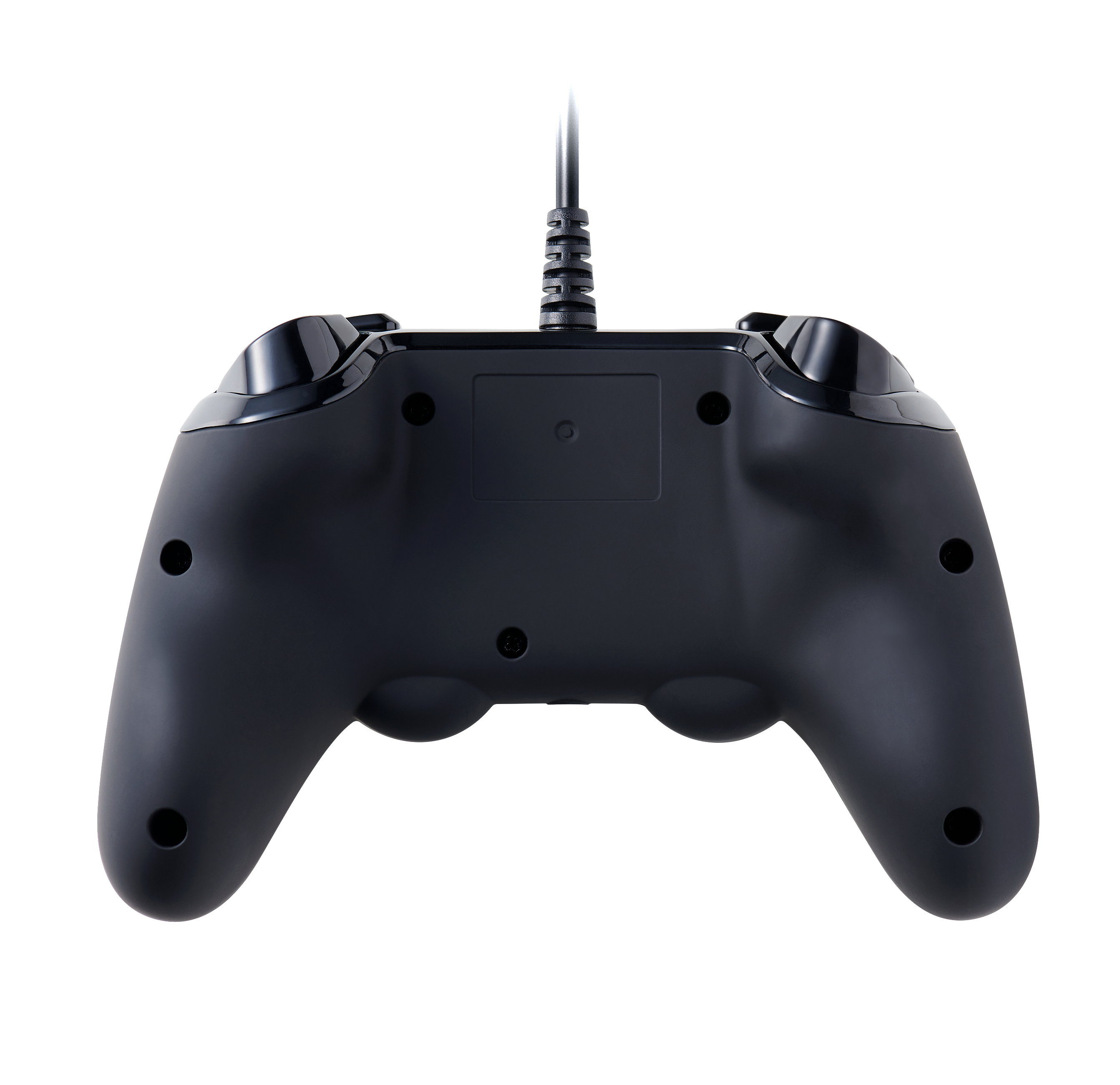 Rückseite eines schwarzen Gamepad-Controllers mit Kabel, isoliert auf Weiß.