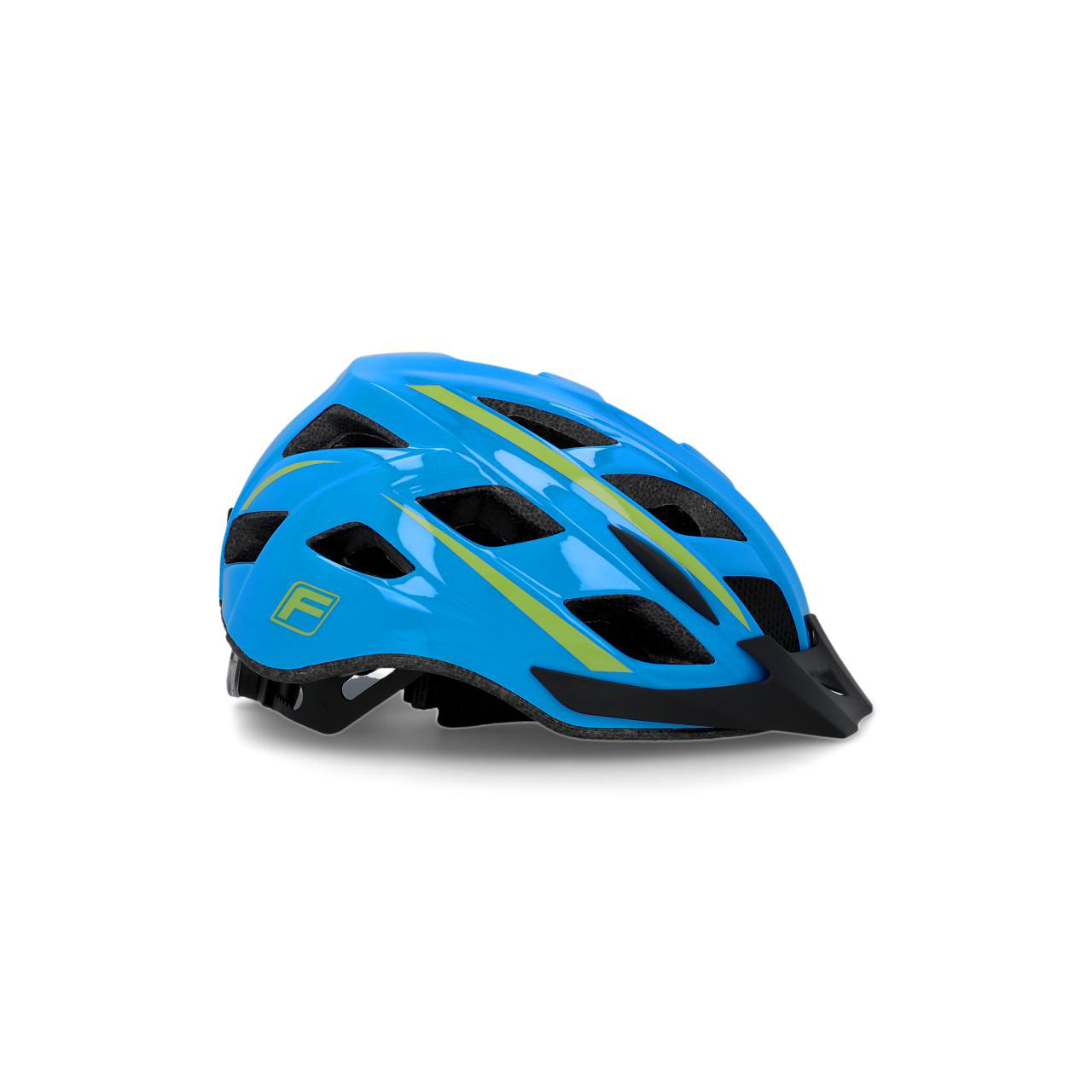 Ein blauer Fahrradhelm mit gelben Streifen.