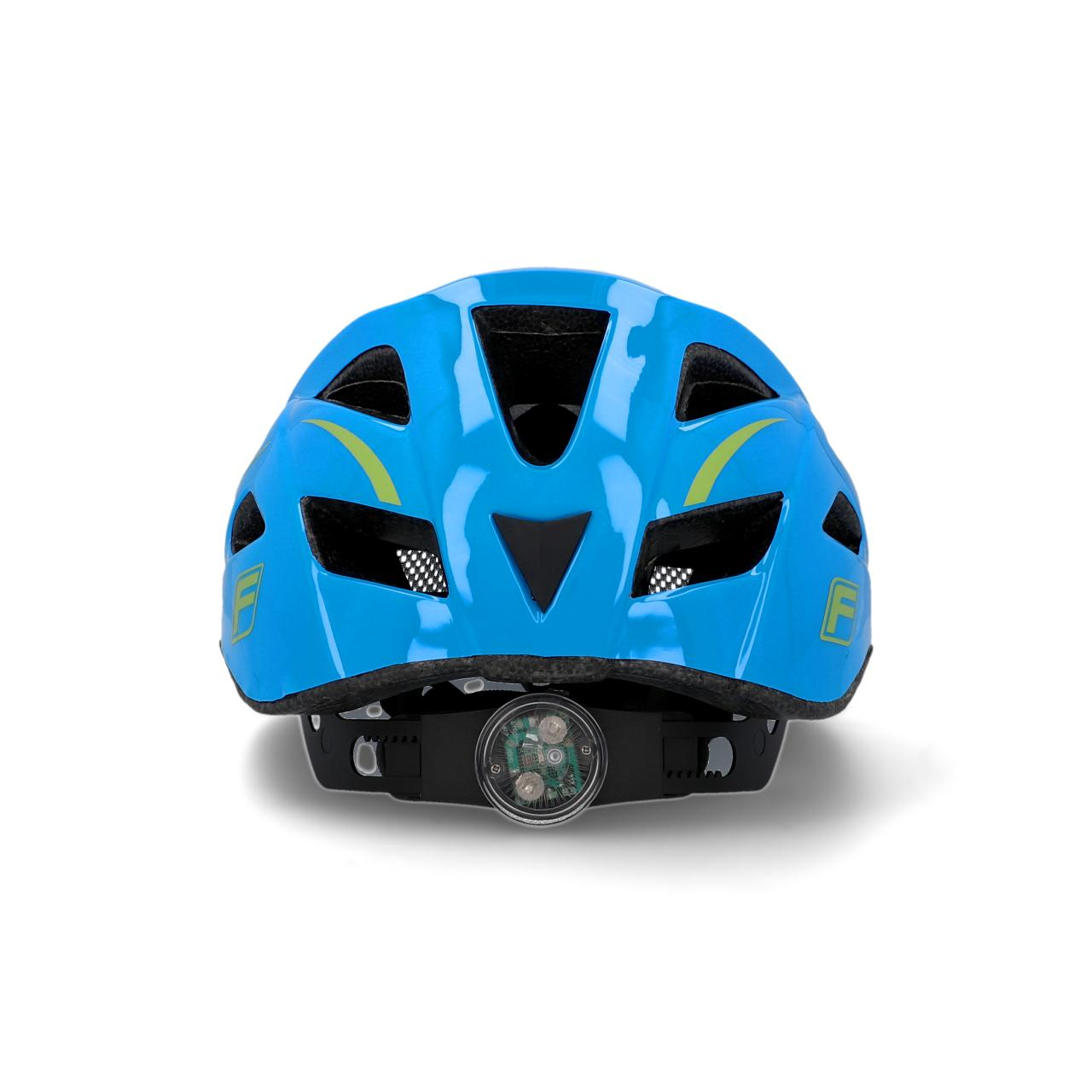 Ein blauer Fahrradhelm mit Rücklicht und gelben Akzenten auf weißem Untergrund.