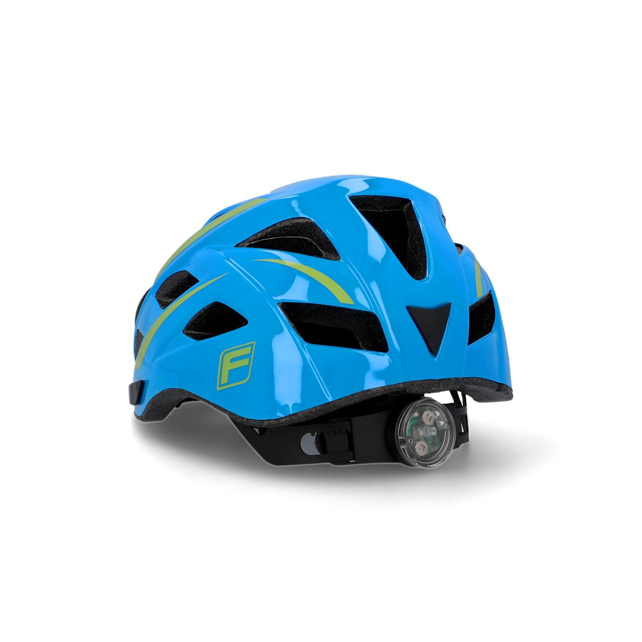 Blauer Fahrradhelm mit gelben Akzenten und Rücklicht, von hinten betrachtet.