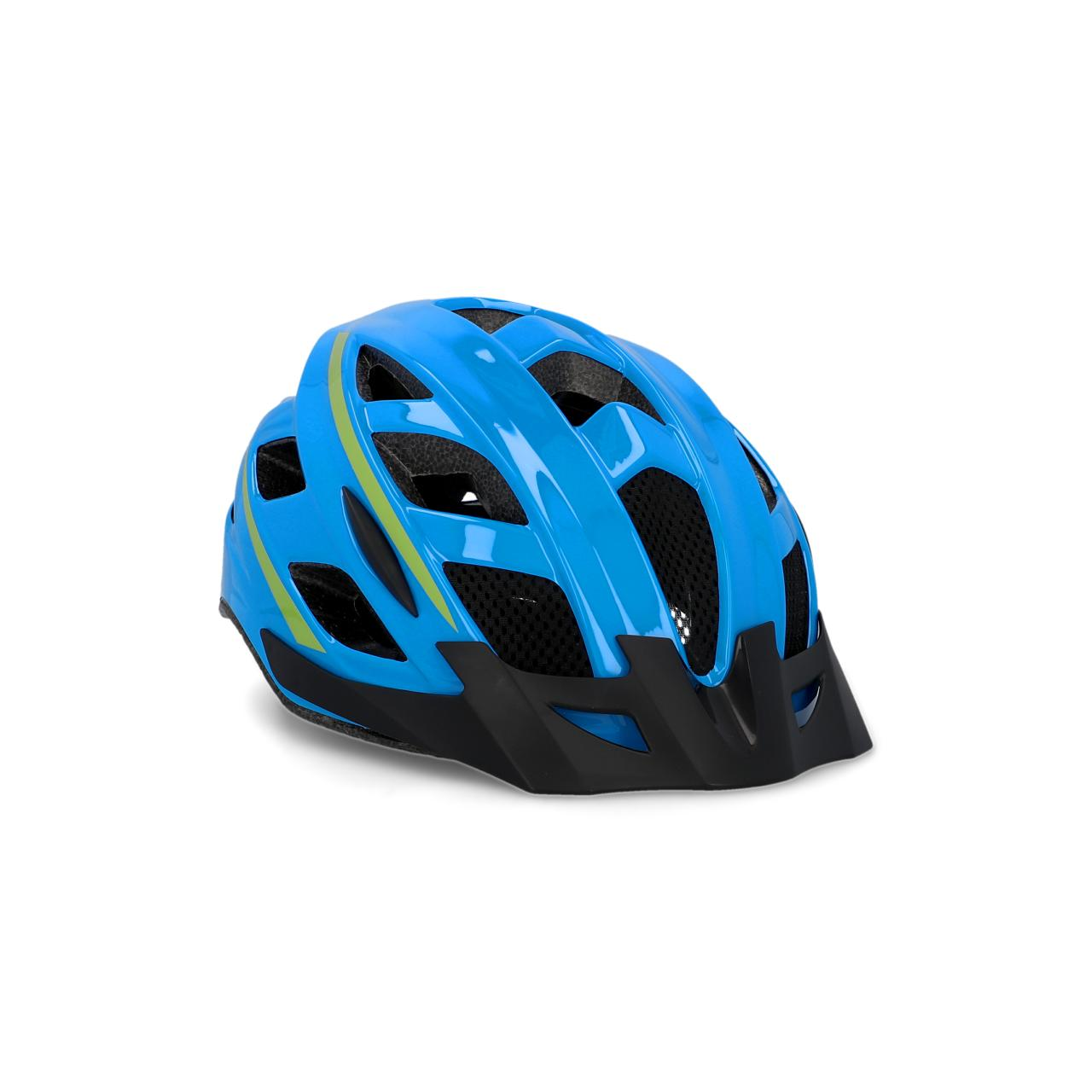 Blauer Helm mit schwarzem Visier und Belüftung.