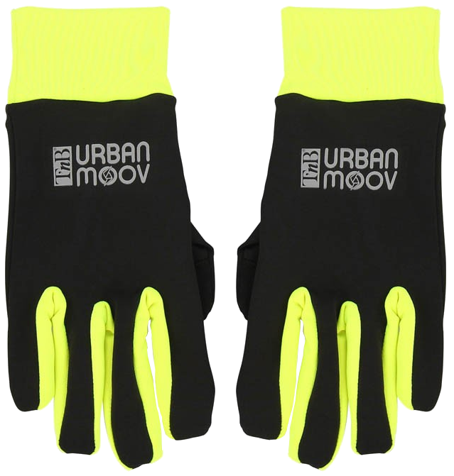 Zwarte en gele Urban Moov handschoenen.