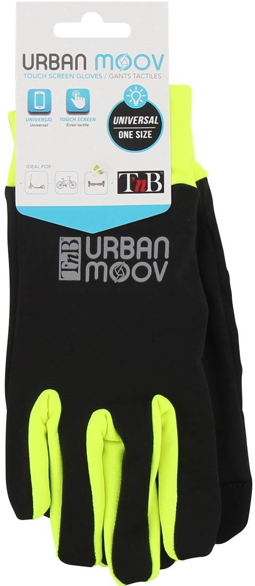 Zwarte en gele touchscreen handschoenen met een label met de merknaam.