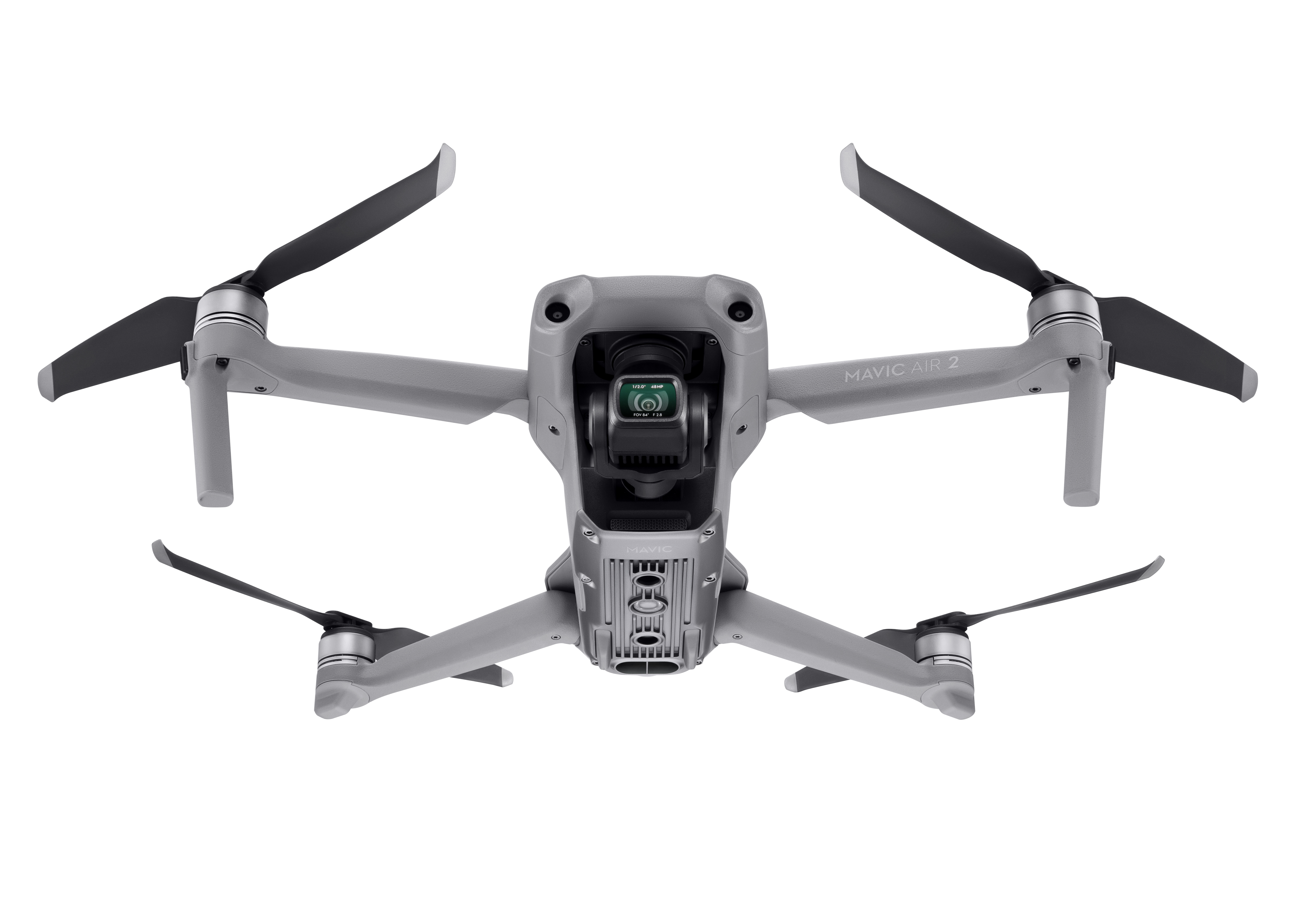 Gri bir DJI Mavic Air 2 drone, önden görünüm, kamera görünür durumda.
