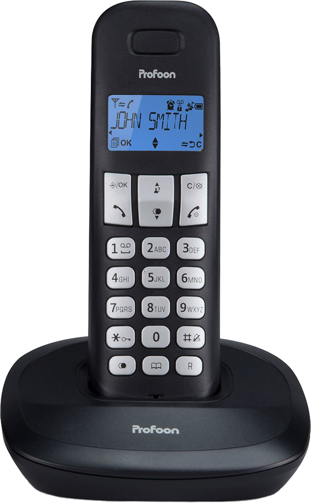Téléphone sans fil noir sur socle de chargement. L'écran affiche 'John Smith'. Boutons et clavier visibles.