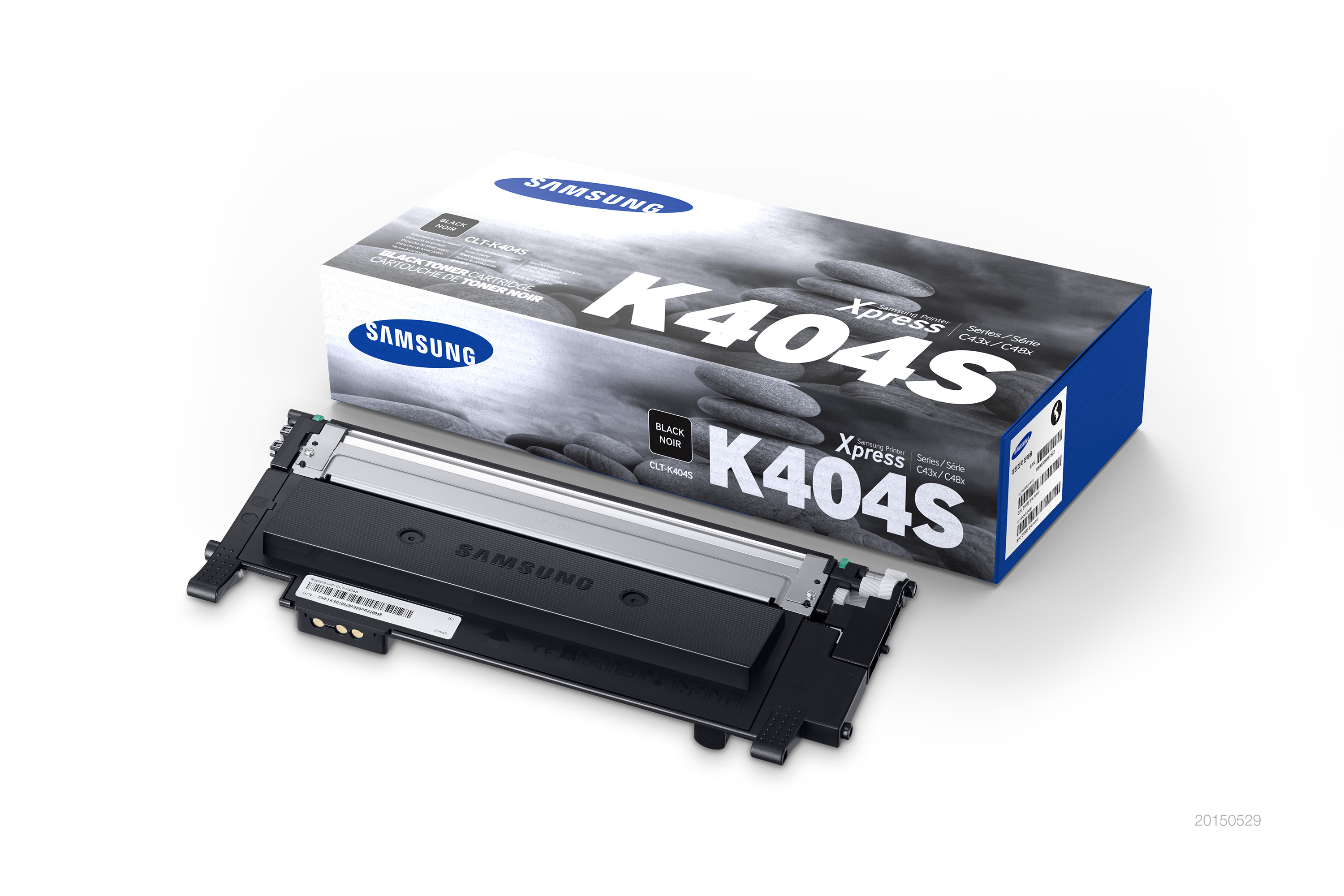 Cartuccia toner Samsung K404S nera con la scatola aperta accanto.