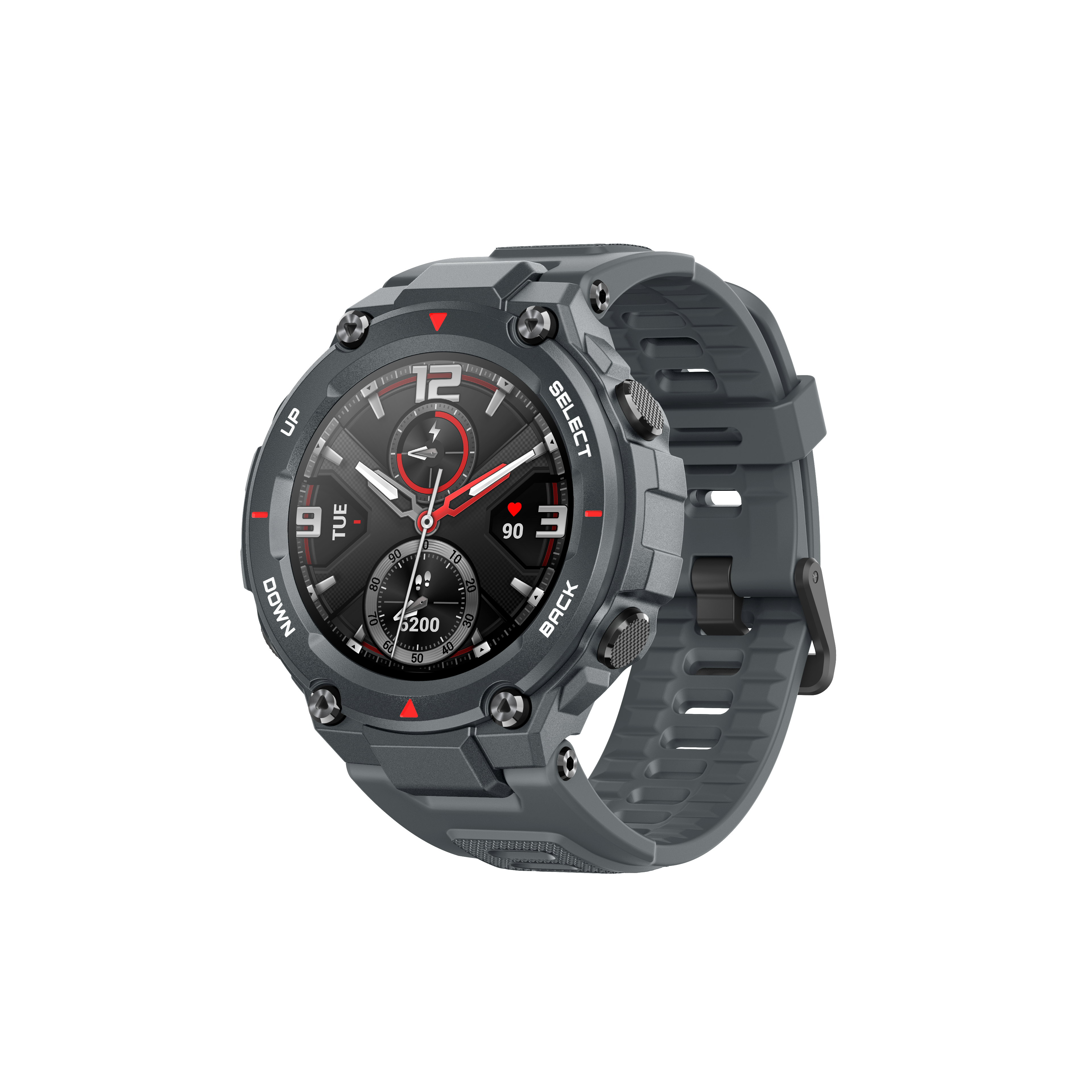 Graue Smartwatch mit rundem schwarzem Display, roten Akzenten und grauem Armband auf weißem Hintergrund.