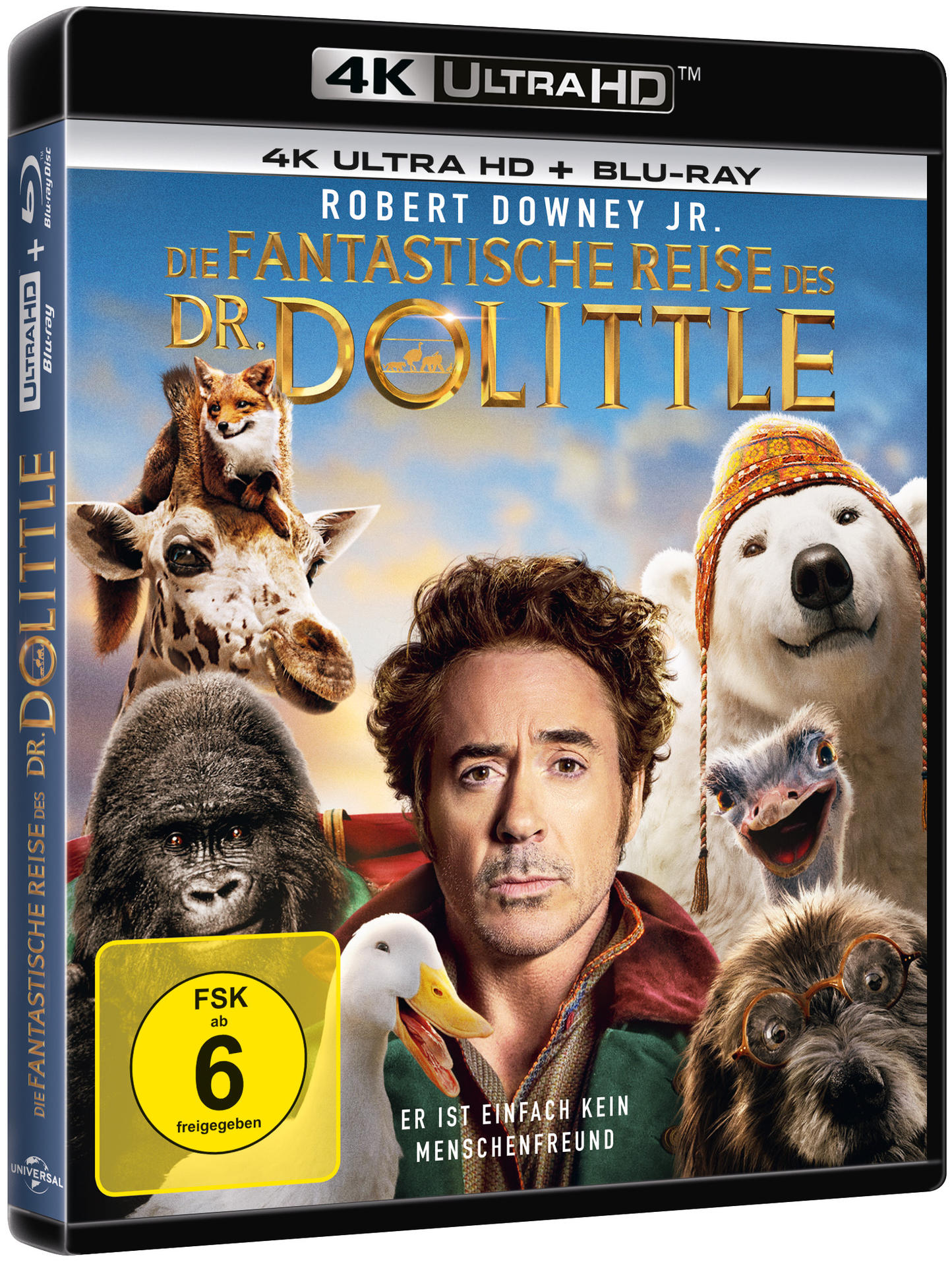 DVD-Hülle mit dem Film Dr. Dolittle. Robert Downey Jr. ist mit Tieren auf dem Cover.