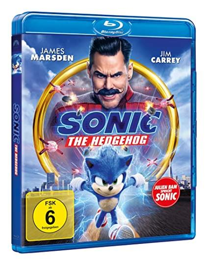 Das Sonic the Hedgehog Film Blu-ray Cover zeigt Sonic und Schauspieler Jim Carrey. Die Hülle ist blau.