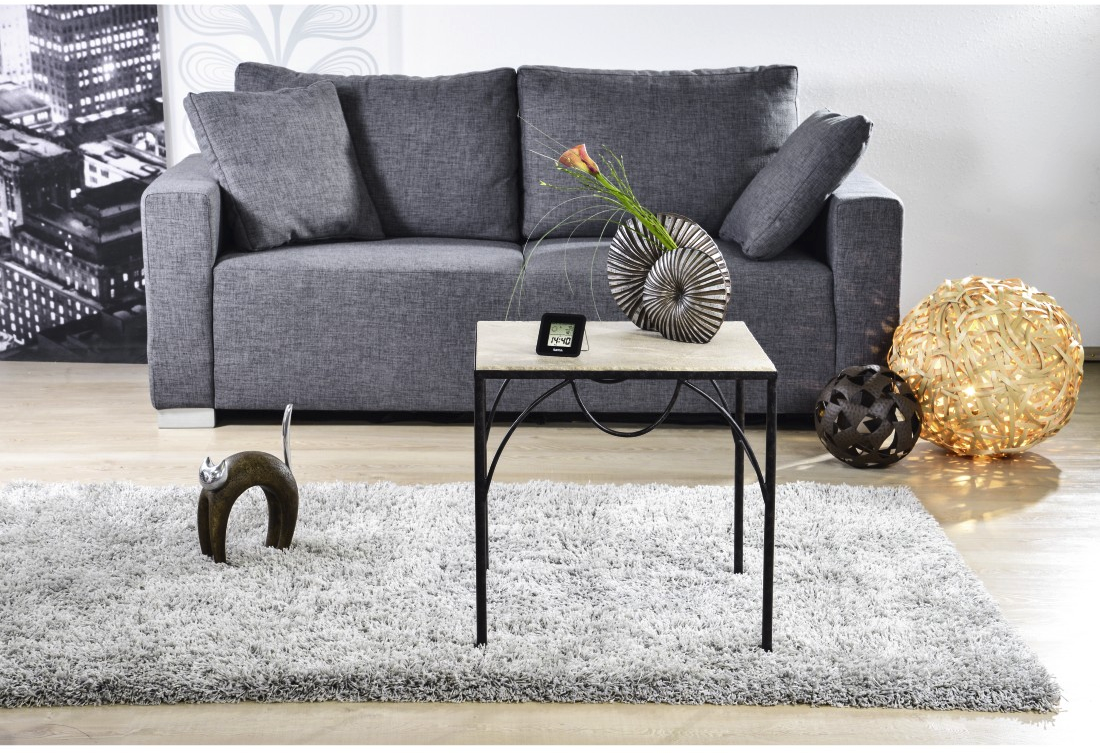 Un salon avec un canapé gris, une table, de la décoration et un tapis gris.