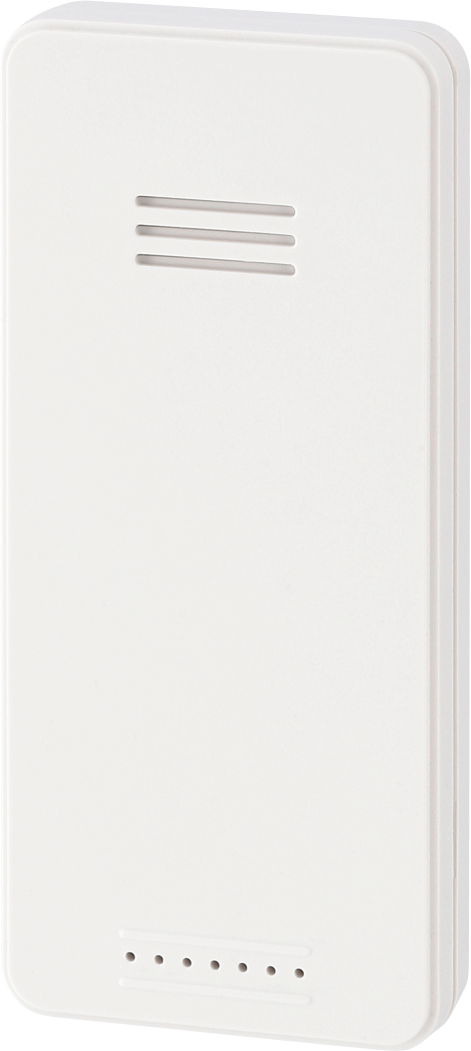 Un dispositivo rettangolare bianco con alcune linee orizzontali in alto e punti in basso.