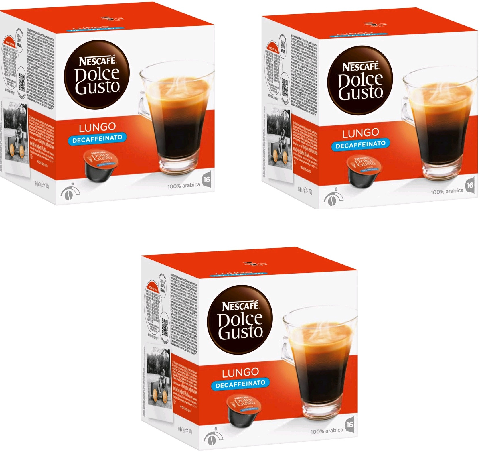 Tre scatole di capsule di caffè Dolce Gusto Decaffeinato con un'immagine di tazza sul davanti.