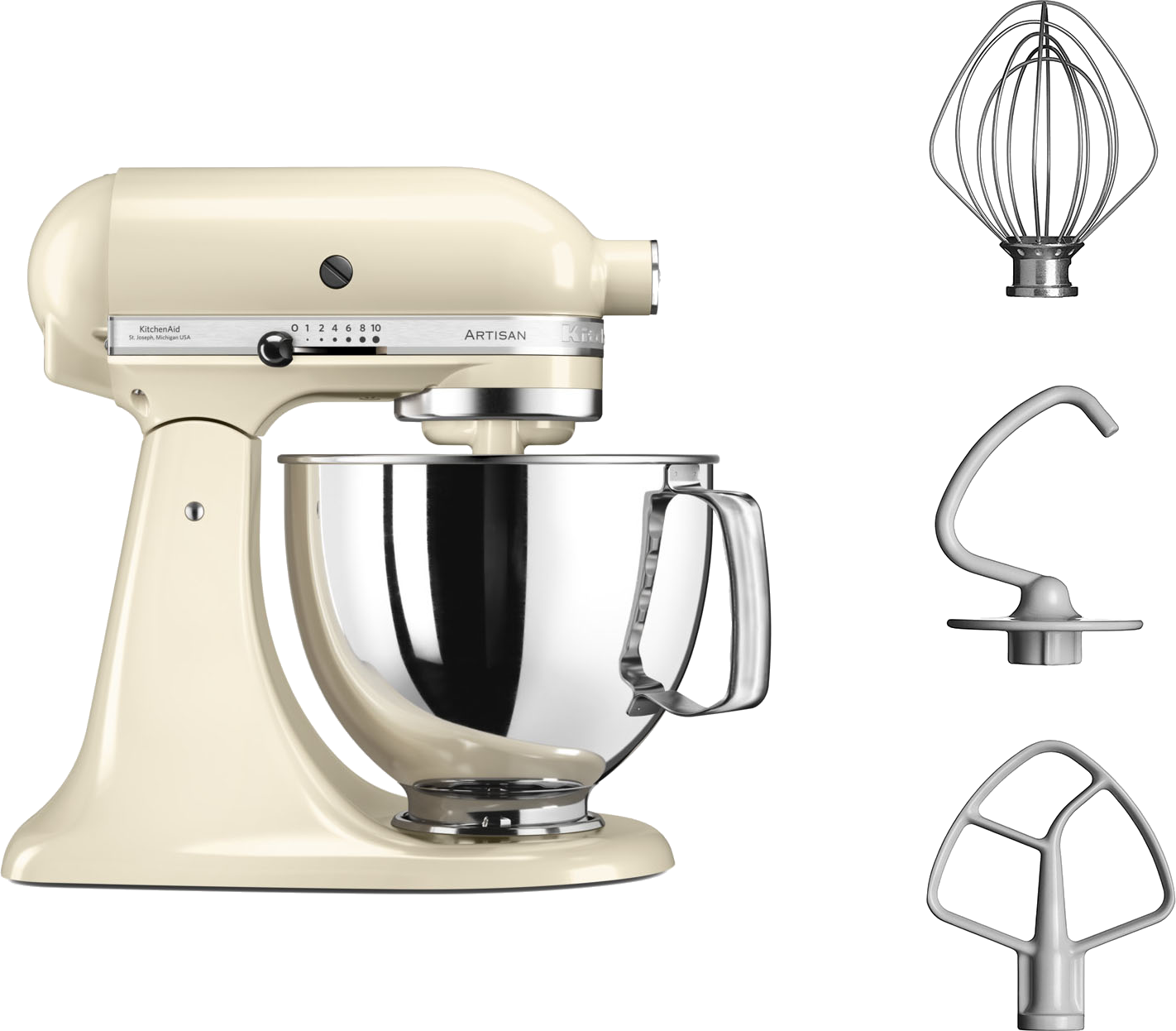 Een crèmekleurige KitchenAid-mixer met diverse opzetstukken op een zwarte achtergrond.