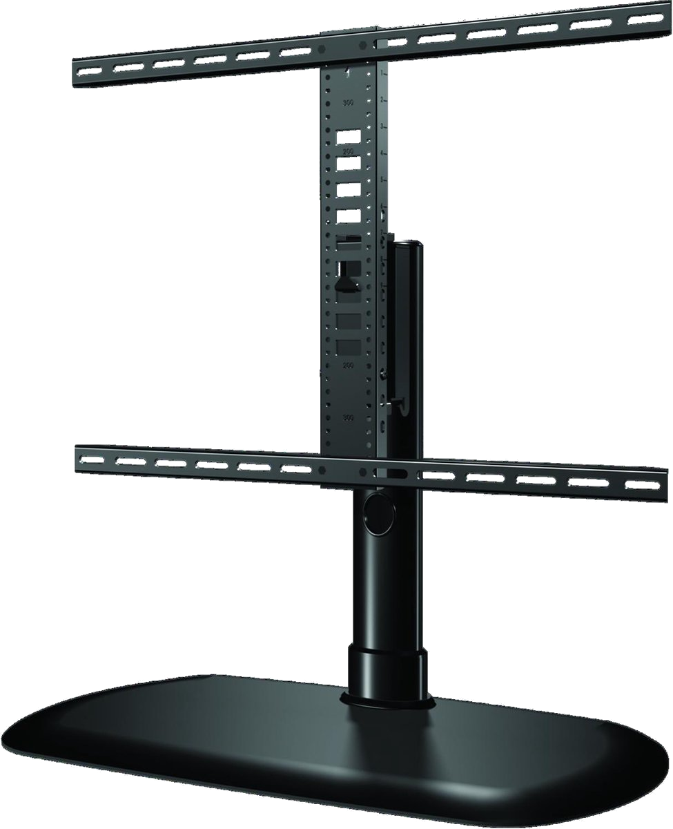 Een zwarte tv-standaard. Het is gemaakt van metaal. Het heeft een basis, een centrale paal en twee armen voor montage.