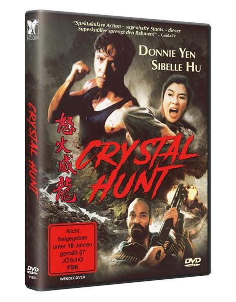 DVD-Cover, 'Crystal Hunt', ein Mann in einer Kampfszene und zwei weitere, chinesischer Text und Namen.