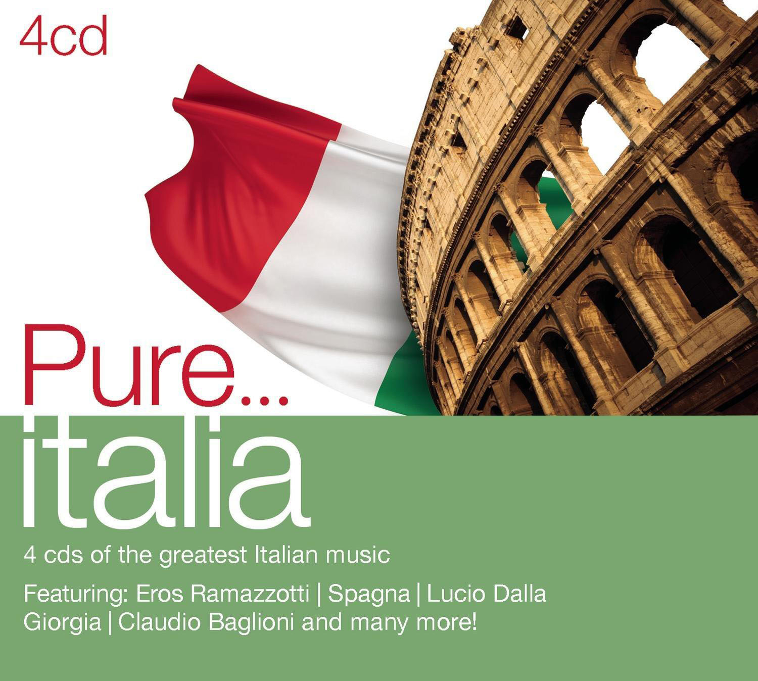 Albumcover mit dem Titel 'Pure Italia' mit einer italienischen Flagge und dem Kolosseum.