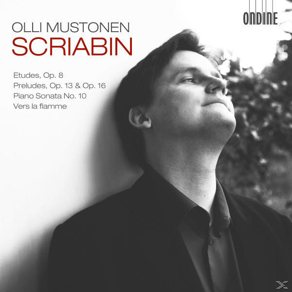 Albumcover, Mann schaut nach oben, Text 'Olli Mustonen', 'Scriabin' und Informationen zur Musik.