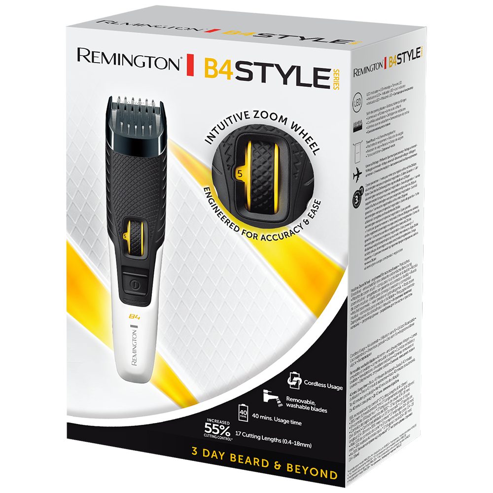Box of a Remington beard trimmer, with a detailed view of the trimmer.