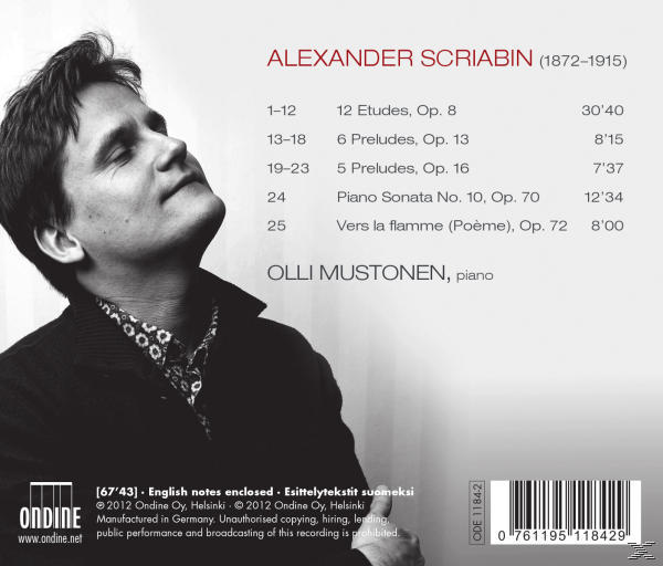 CD-Cover mit einem Schwarz-Weiß-Bild eines Mannes. Text listet musikalische Kompositionen von Alexander Skrjabin auf.