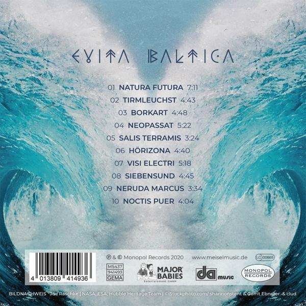 Albumcover, Evita Baltica, mit einer Welle mit Titelliste.