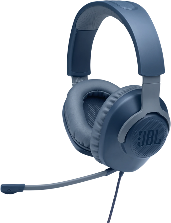 Kék JBL fejhallgató mikrofonnal. Szürke fülkagylók és fejpánt. Fekete háttér.