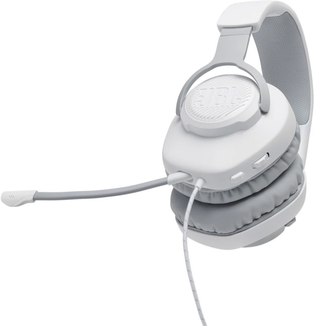 Fehér JBL gamer headset mikrofonnal és fehér kábellel fekete háttéren.