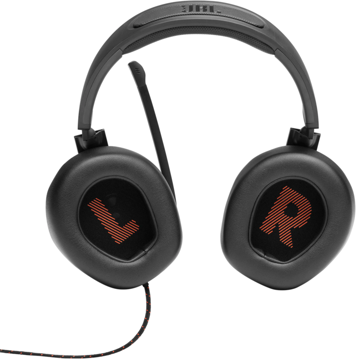 Fekete JBL gaming headset piros díszítéssel a fülkagylókon.