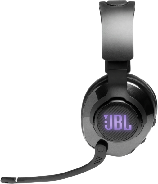 Fekete JBL gamer fejhallgató mikrofonnal átlátszó háttérrel.