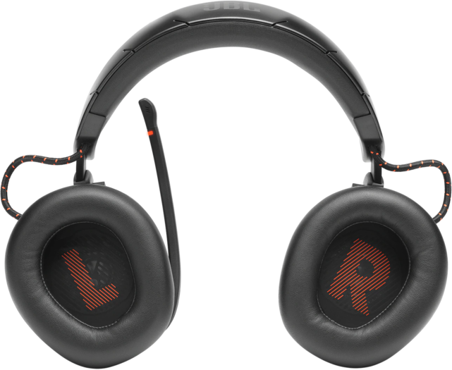 Fekete JBL gamer headset narancssárga díszítéssel. A bal fülnél egy "L", a jobbnál egy "R" betű látható.