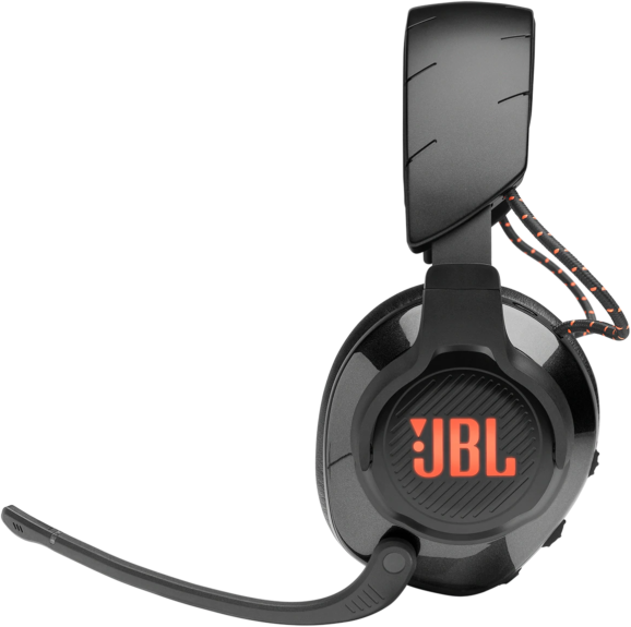 Fekete JBL gamer headset mikrofonnal. Narancssárga JBL logó és narancssárga díszítésű kábel. A headset oldala látható.