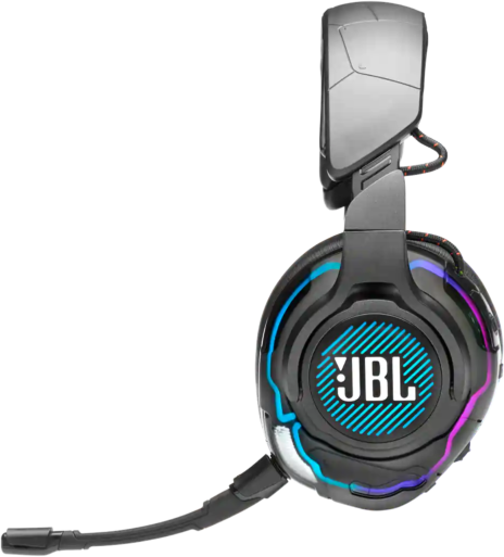 Fekete JBL gaming headset, színes lámpákkal és mikrofonnal.