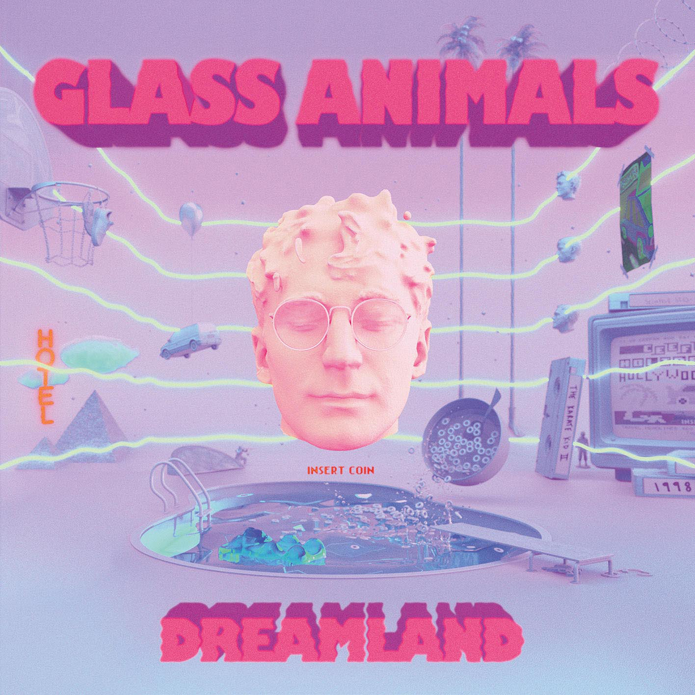Albumcover: rosa Gesicht mit Brille, Traumland-Text, Pool.