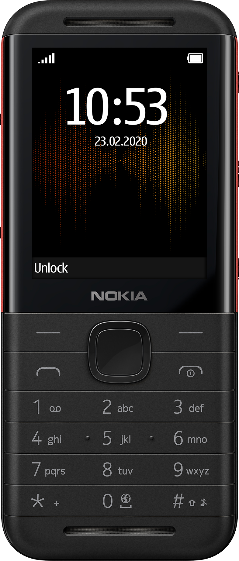Fekete Nokia telefon, piros szegéllyel, időt és dátumot mutat a képernyőn. Gombok és logó láthatók.