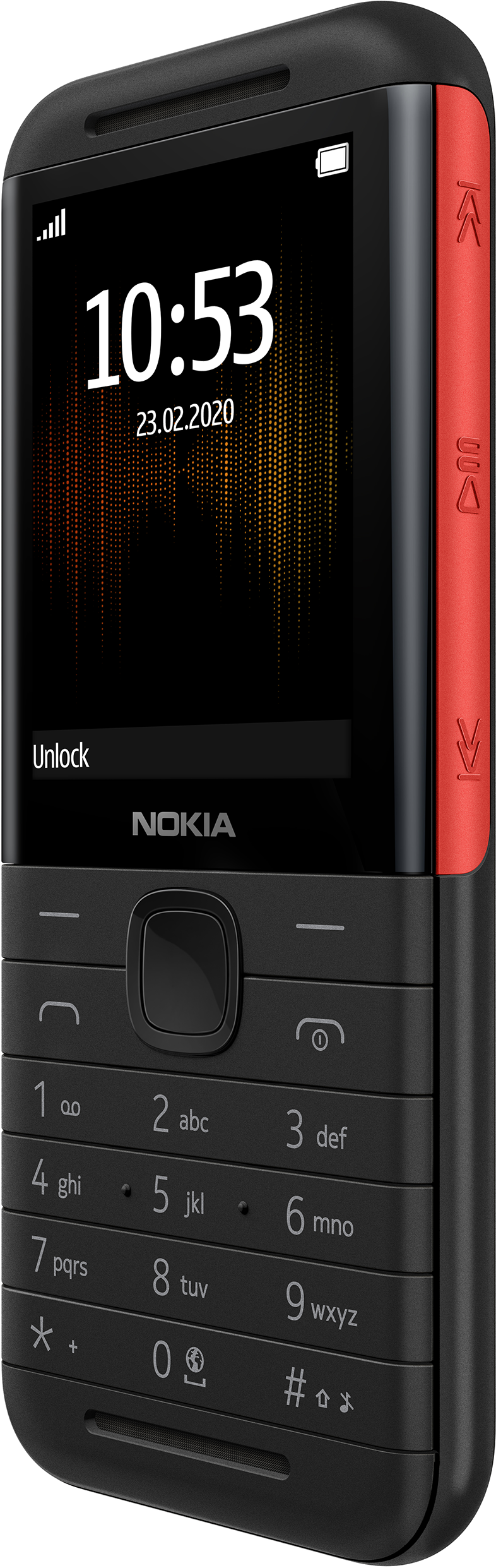 Fekete Nokia telefon, piros oldalsó gombok. A kijelző az időt és a dátumot mutatja. Számgombok és gombok alul. Fekete háttér.