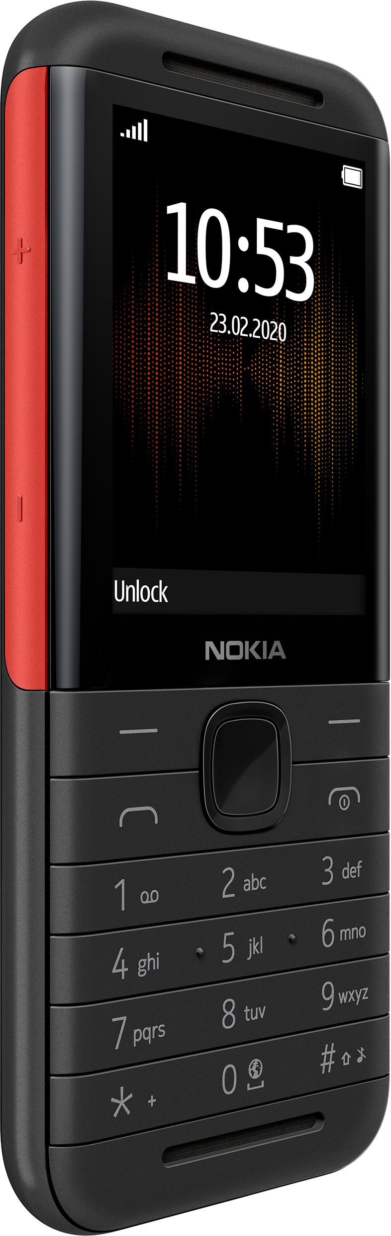 Fekete és piros Nokia telefon, amely az időt és a "Unlock" szót mutatja.