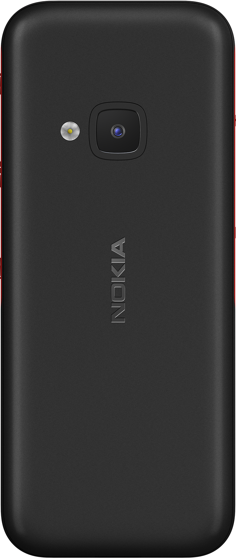 Fekete Nokia telefon. Van rajta kamera, vaku és a Nokia logó a hátulján, piros oldalsó díszítésekkel.