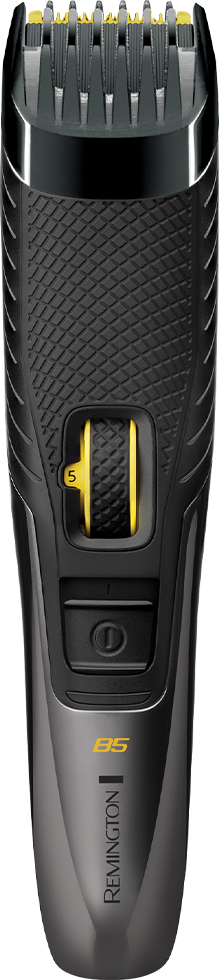 Black and gray Remington B5 beard trimmer. Yellow adjustment wheel, black and gray body, top view.