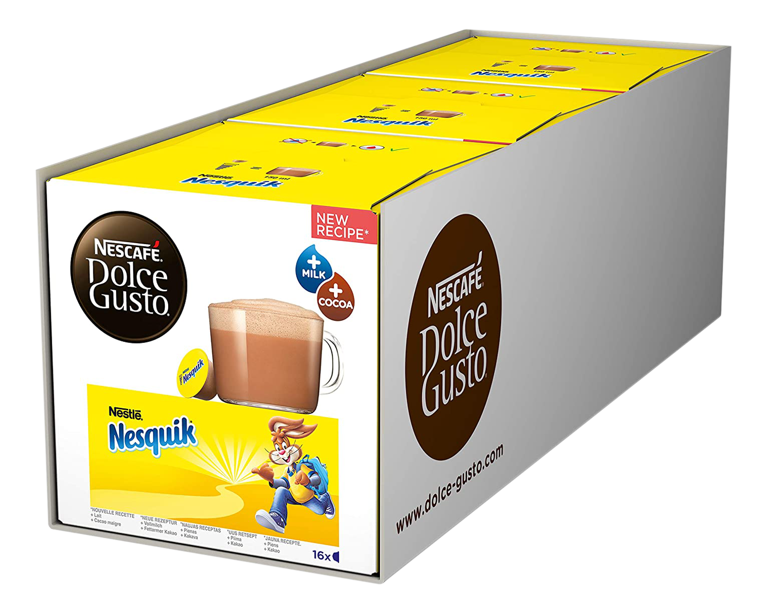 Nesquik-Box mit einem Cartoon-Hasen, der ein Getränk hält. Die Box ist gelb und weiß, mit einem Getränk-Bild.